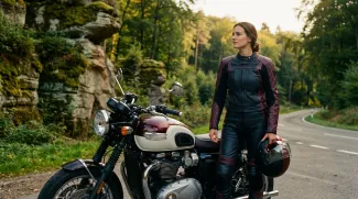 Visuel fait via l'IA avec une femme qui est devant sa moto dans la petite suisse luxembourgeoise