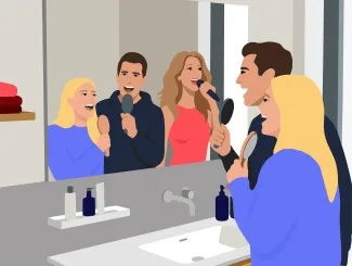 Illustration d'un couple qui chante dans salle de bains avec Celine Dion