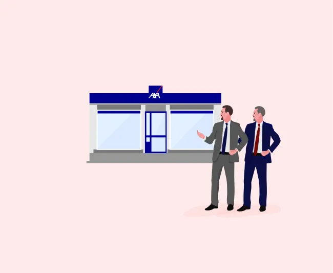 Agence AXA avec deux agents d'assurances devant